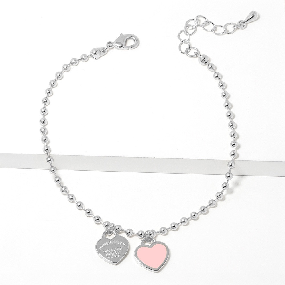 Double Heart Charm Bubble Chain Bracelet White Gold Dipped